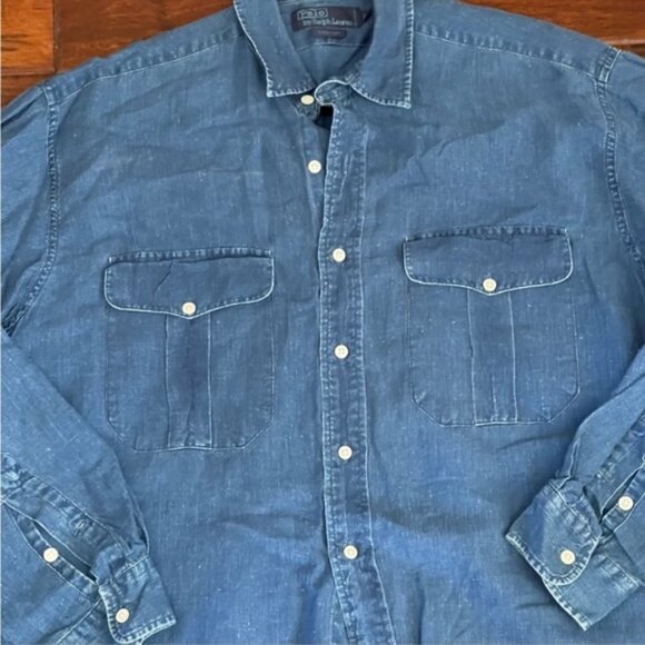 Polo Ralph Lauren oversized 100% linen navy long sleeve shirt M - Picture 6 of 11